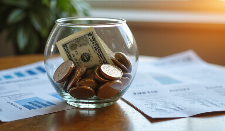 Piggy bank with coins and dollar bills